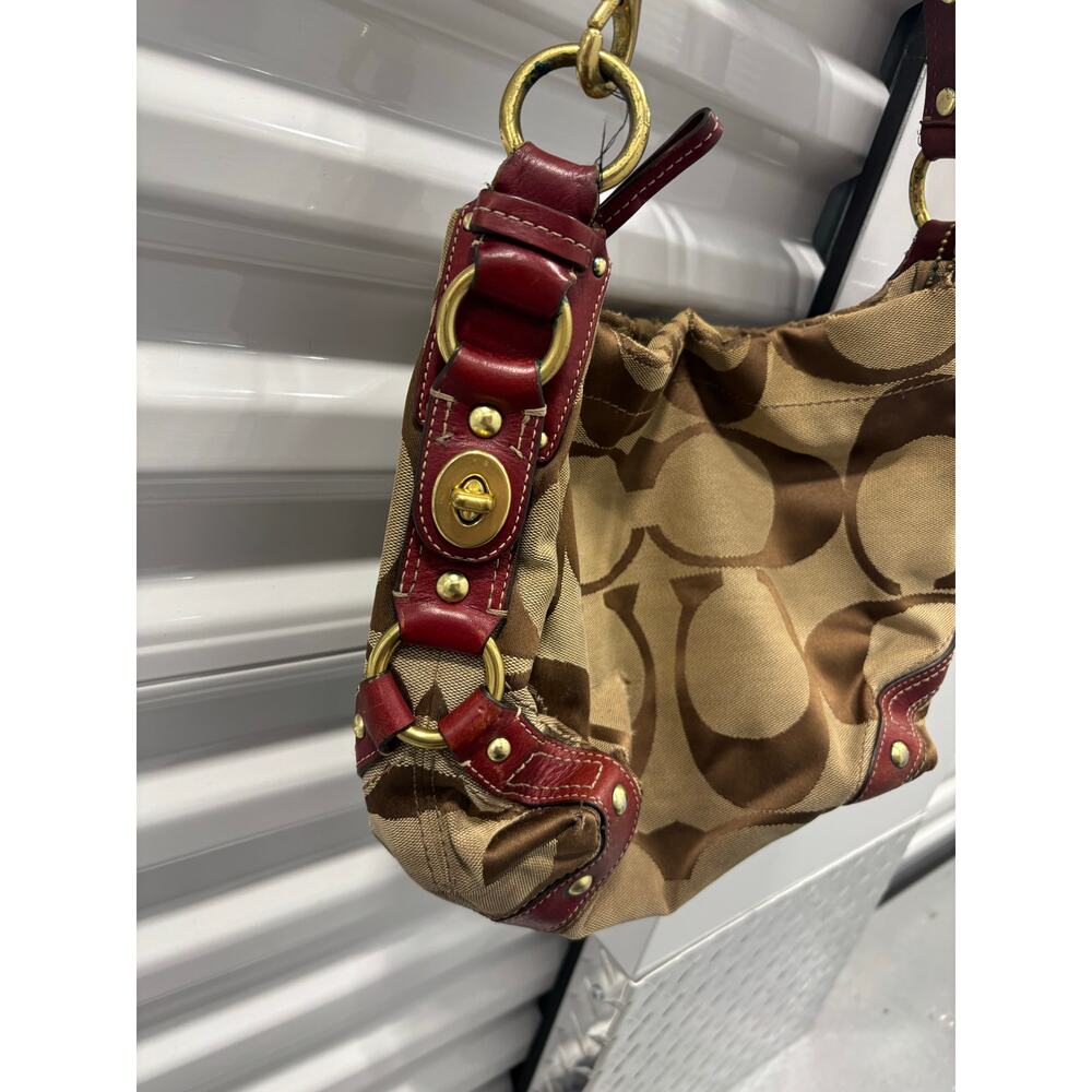 Coach Carly Hobo Bag Brown Signature C Burgundy Leather Gold Hardware 10619 - Picture 2 of 8